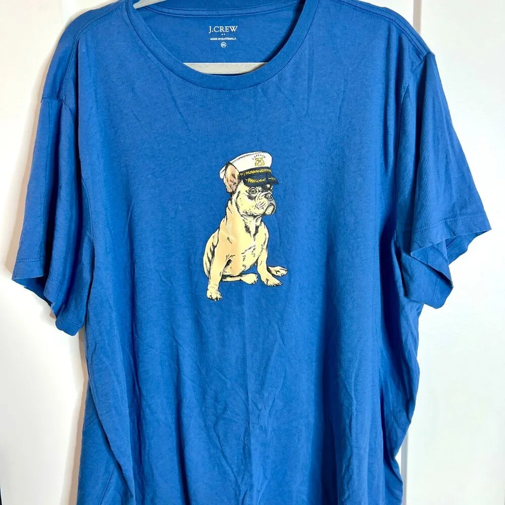 J. Crew Blue French Bulldog Sailor Novelty Print Tee Shirt Short Sleeve XXL